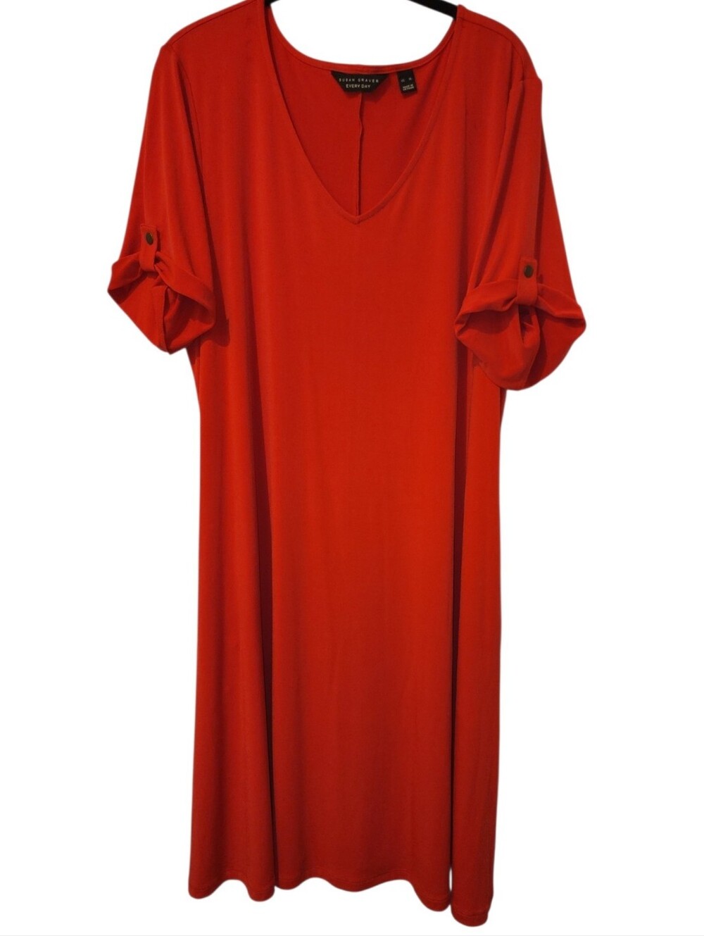 Susan Graver XL Liquid Knit A-Line Dress  Roll-Tab Sleeves Red Like New